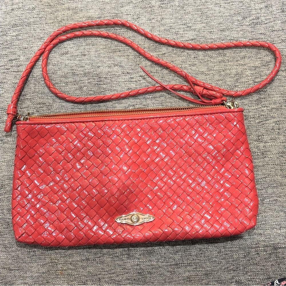 Elliott Lucca Coral Woven Leather Crossbody Handbag Detachable Braided Strap EUC